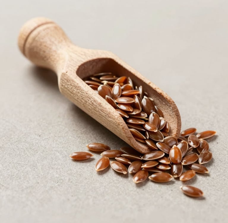 A minimalist portrait of clean, raw flax seeds cascading from a rustic wooden scoop onto a neutral textured surface, soft side lighting, rich earth tones, macro lens.