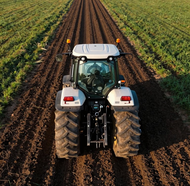 Close-up of a modern tractor wheel with GPS receiver, driving precisely along a designated track in dark loam soil.