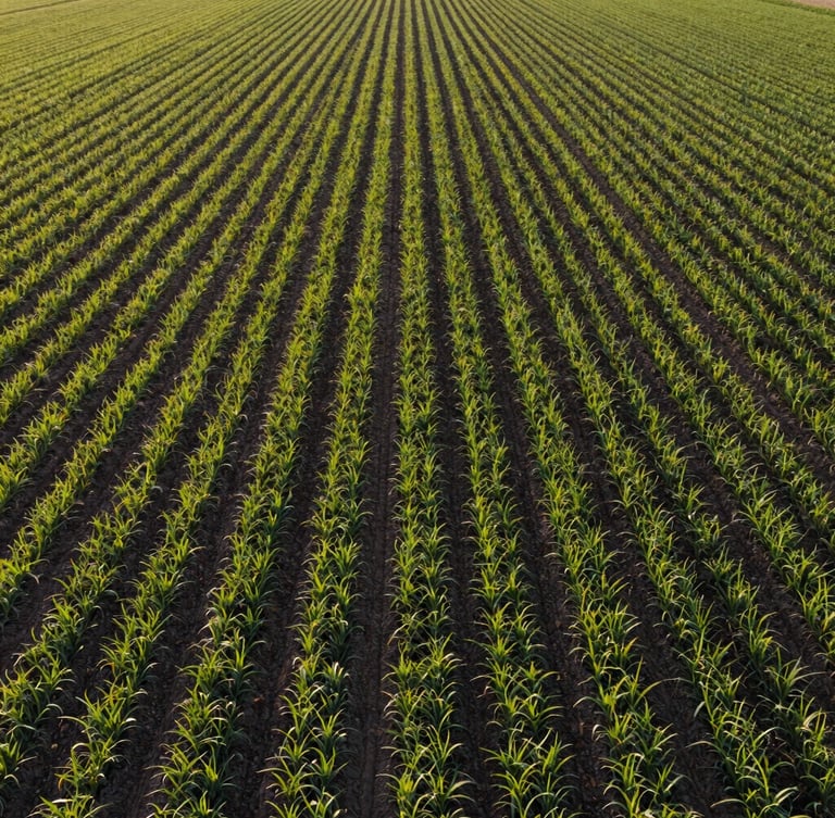 Wide-angle aerial drone perspective of perfectly straight, healthy green crop lines in the early morning golden hour light, rich soil visible between rows, UK midlands countryside.