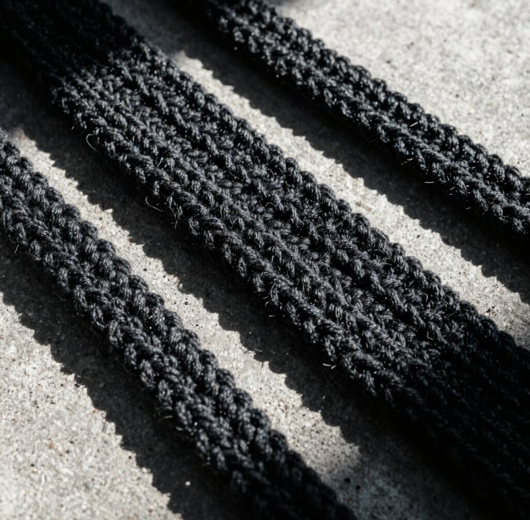 Extreme macro crop of thick charcoal crochet loops, highlighting the heavy yarn texture and high-contrast stitch patterns under harsh direct sunlight, 35mm film grain.