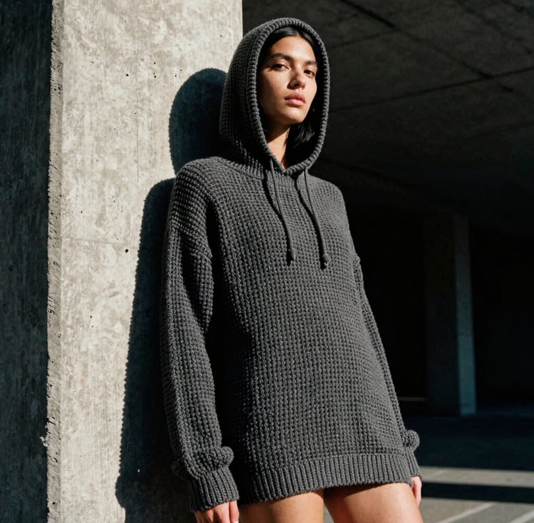 Low-angle heroic shot of a model in an oversized charcoal crochet hoodie leaning against a raw concrete pillar, high-contrast direct sunlight, deep shadows, 35mm film grain.