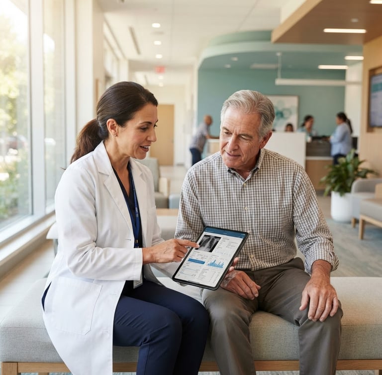 Medium shot of a professional doctor in a clean white coat discussing a digital tablet with a patient in a bright, modern clinical lobby, warm daylight, 35mm lens