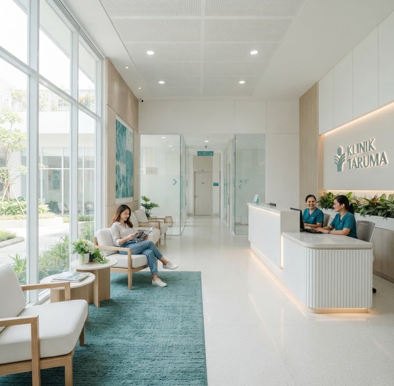 Bright clean clinical photography of Klinik Taruma modern lobby, soft natural daylight, calming teal and white tones, sharp focus, 35mm lens