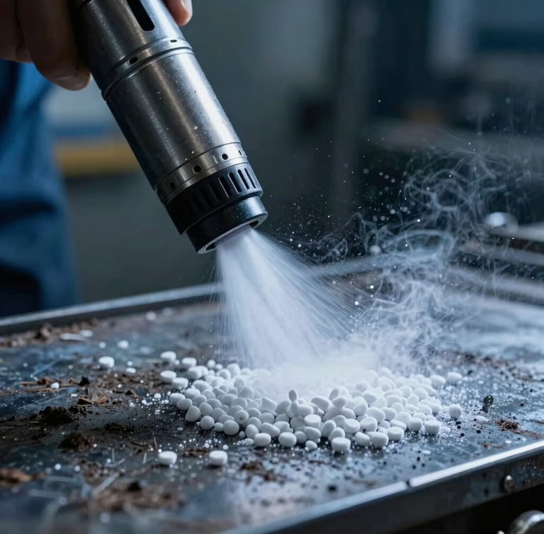 Tight macro shot of a heavy-duty dry ice blasting nozzle spraying solid CO2 pellets onto a soiled steel surface, cold blue high-contrast industrial lighting, dramatic kinetic energy.