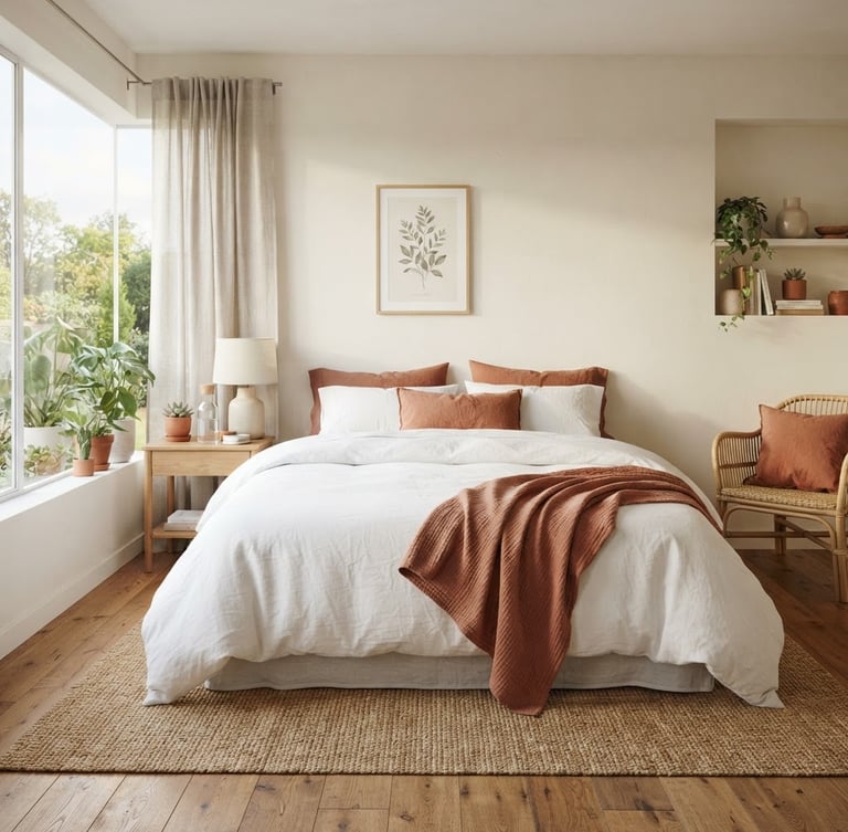 Bright, sunlit room interior with a freshly made bed, crisp white sheets, and terracotta accents, wide-angle lens, natural morning daylight.