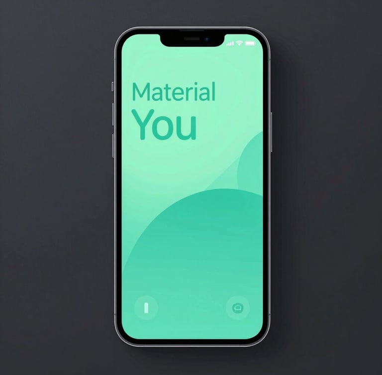 Front-on high-fidelity vector mockup of a sleek Android phone displaying a modern Material You interface with electric mint accents, soft teal backlighting casting a glow on the right edge, dark slate background.