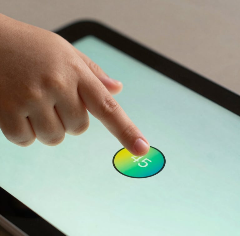 Close-up macro shot of a child's hand tapping a large, vibrant button on an Android tablet, soft mint backlighting, 45-degree angle.