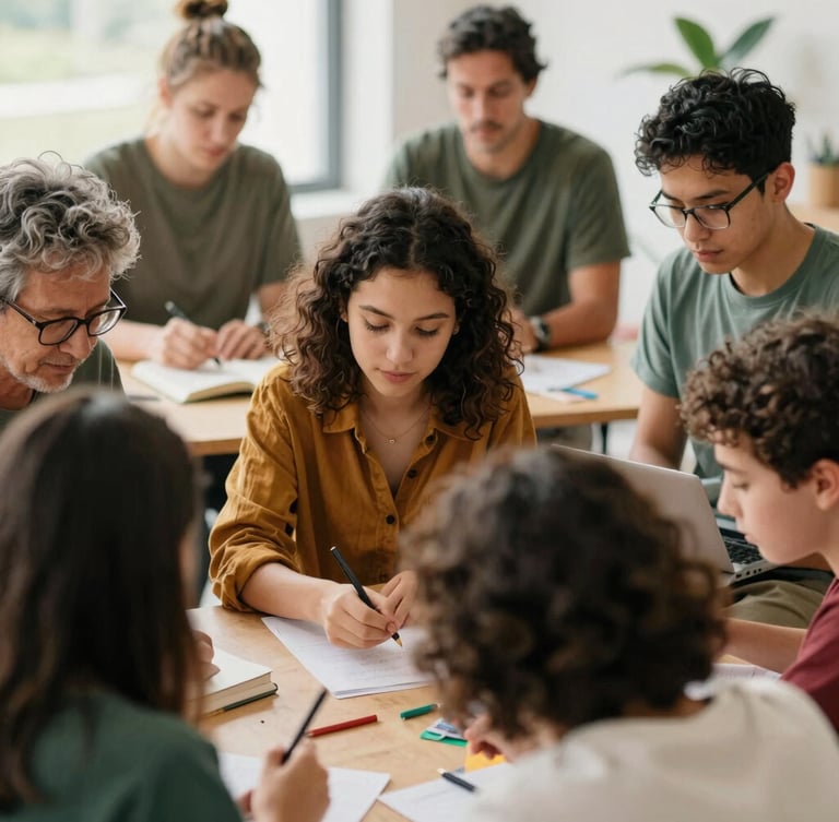 Portrait of a diverse group of adults and youth engaged in a collaborative workshop, focused on a shared task, warm editorial photography, soft natural daylight, rich organic tones, authentic human interaction, medium depth of field, 35mm lens.