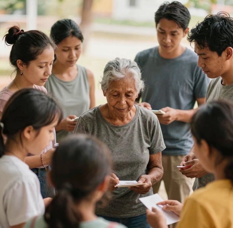 Authentic portrait of a diverse group of people from an underserved community, collaborating in a sunlit outdoor setting, focused on a shared task, warm editorial photography, soft natural daylight, rich organic tones, authentic human interaction, medium depth of field, 35mm lens