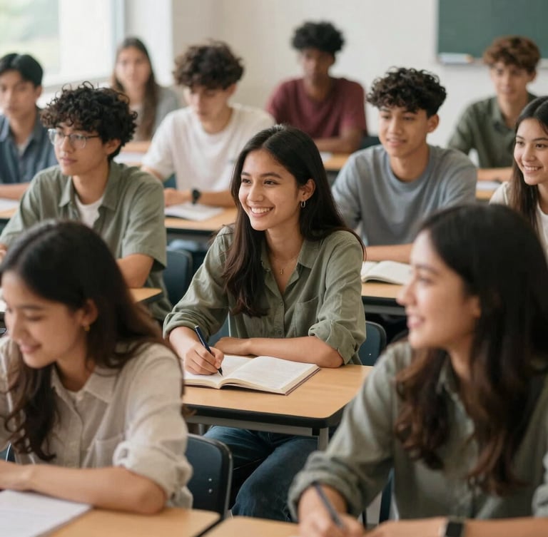 A diverse group of students, smiling, engaged in a modern classroom setting, collaborative learning, soft natural daylight, rich organic tones, authentic human interaction, medium depth of field, 35mm lens