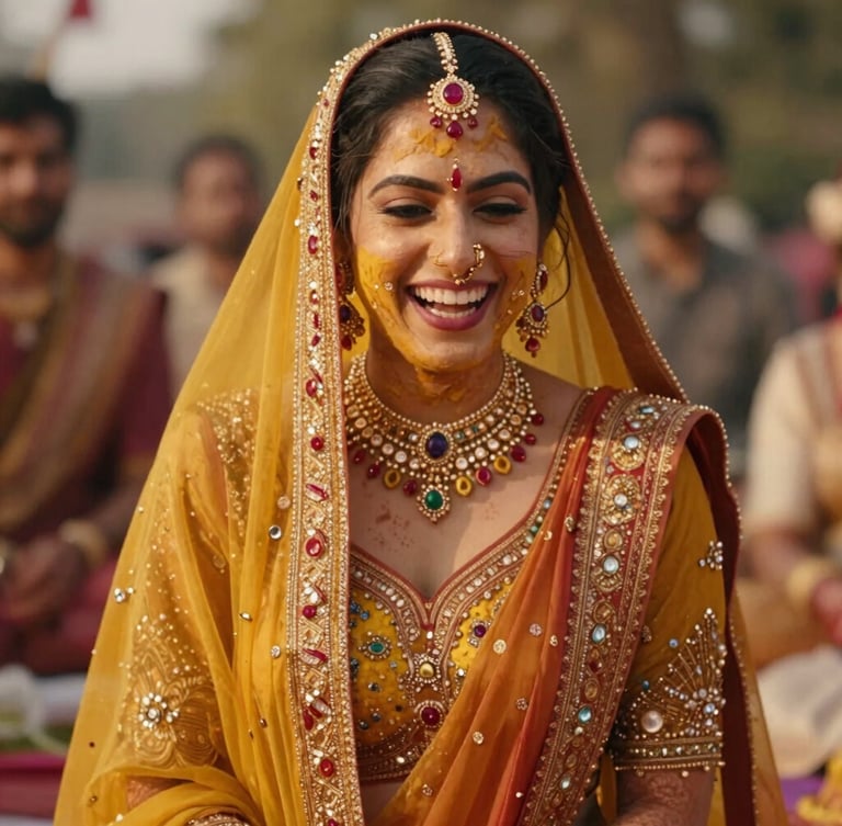 Warm editorial portrait of an Indian bride laughing during her haldi ceremony, golden-hour ambient light, rich saturated jewel tones, cinematic depth of field, 35mm film style
