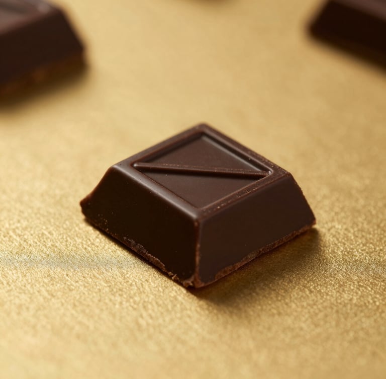Macro close-up of a single geometric dark chocolate piece resting on a clean gold surface, dramatic side-lighting, deep shadows.