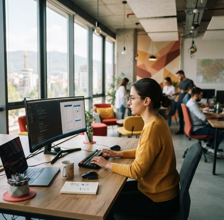 Bright modern workspace in Skopje, natural daylight through tall windows, professional tech setting with soft red and yellow accents, shallow depth of field, 35mm photography