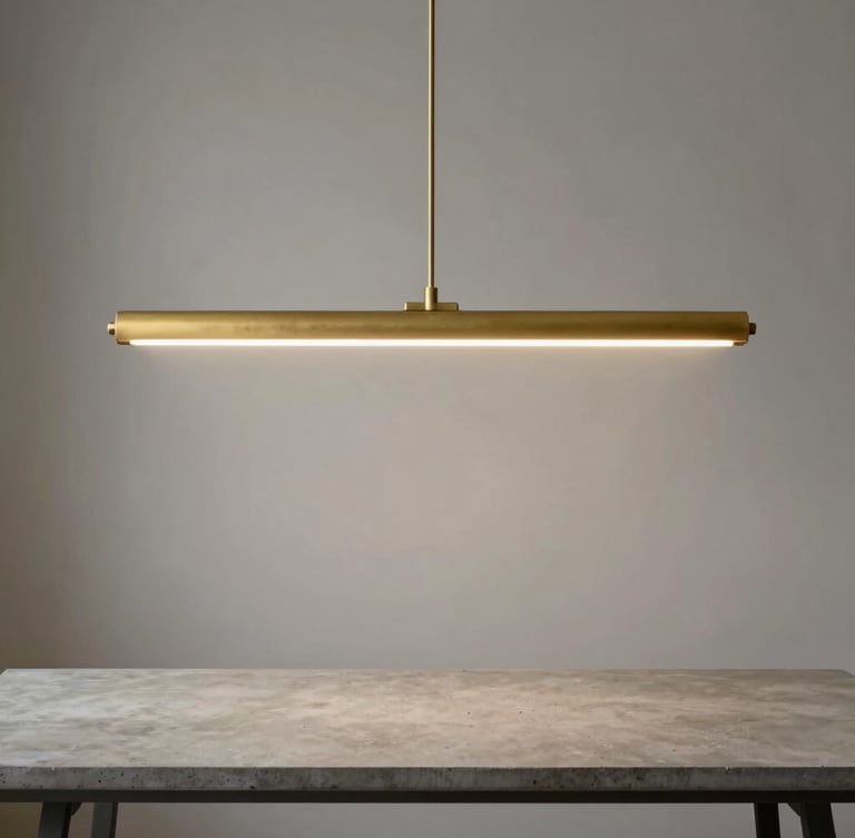Symmetrical architectural composition, a matte brass linear pendant light casting soft warm illumination over a minimalist concrete table, diffused natural side-light.