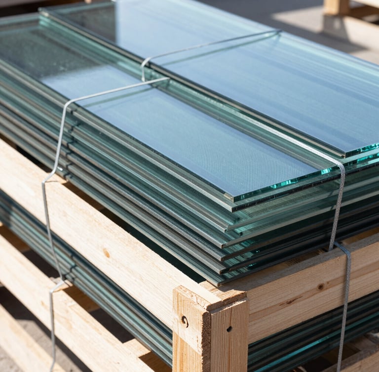Close-up of industrial wooden export crates packed with architectural glass sheets, steel bands, cool bright daylight, warehouse setting