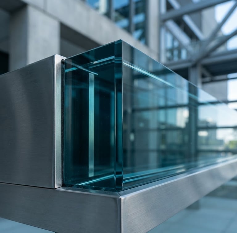 Macro detail shot of a flawless glass edge showing low-iron optical clarity, cool glass-blue tone, crisp industrial studio light