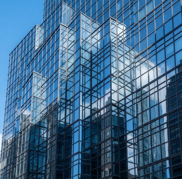 Sharp architectural photography of a modern glass skyscraper facade reflecting crisp blue sky, cool glass-blue tones, high-contrast daylight, 50mm.