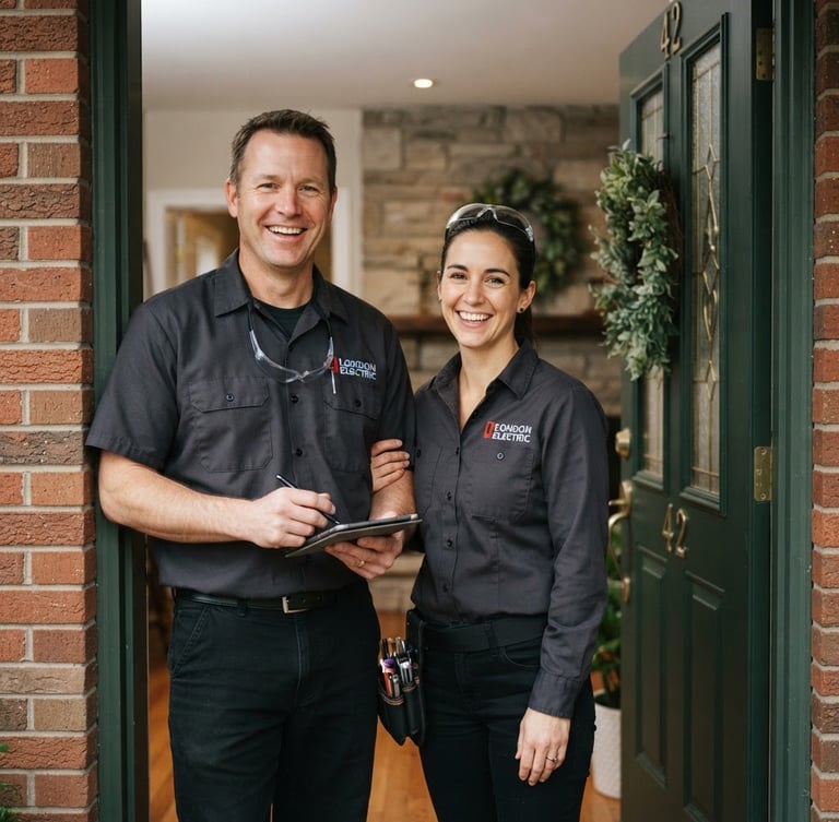 Warm portrait of two friendly electricians, one male and one female, smiling at the front door of a London, Ontario home, soft natural indoor daylight, rich forest green and charcoal tones, shallow depth of field, looking trustworthy.