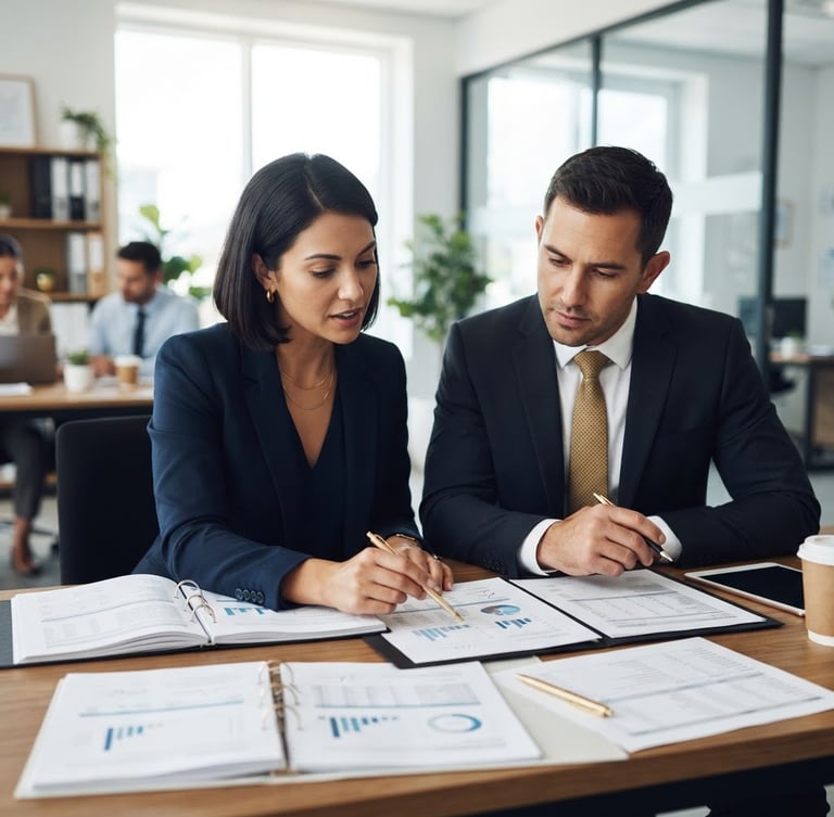 Professional CA and CS collaborating over documents in a modern, well-lit office, focused expressions, deep navy and warm gold tones, professional editorial photography, bright natural office light, shallow depth of field