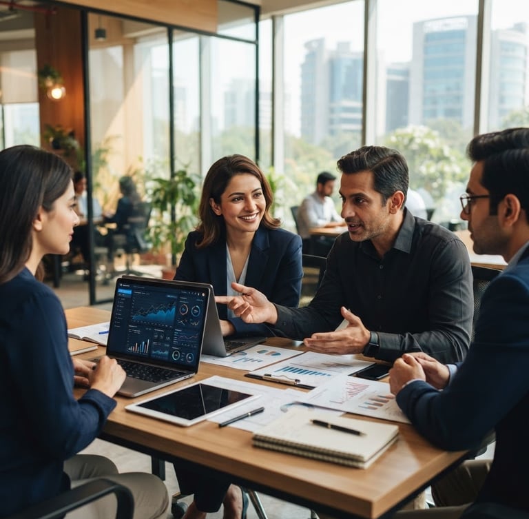 Professional advisory team collaborating in a modern, well-lit Gurugram office, focused on digital dashboards and neat physical paperwork, bright natural light, shallow depth of field, navy and warm gold tones, medium-close shot.