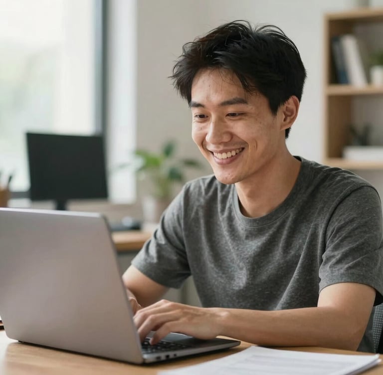 Close-up portrait of a friendly male IT technician in his late 30s smiling, natural bright daylight, clean home office background with a modern laptop open, warm and reassuring atmosphere.