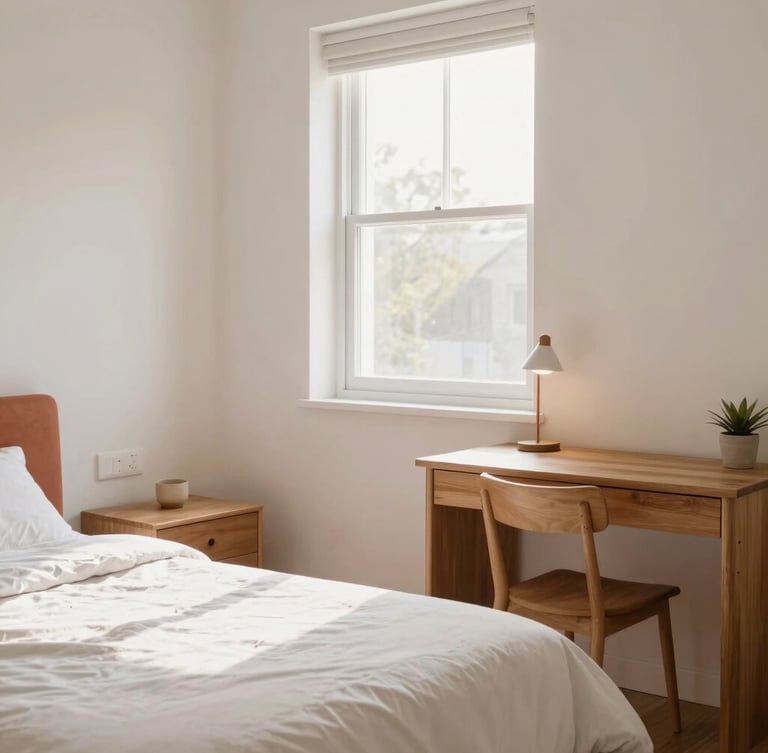 Bright and clean bedroom with soft natural daylight streaming through a window, warm terracotta accents, neat wooden desk, cozy single bed, inviting atmosphere, 35mm lens