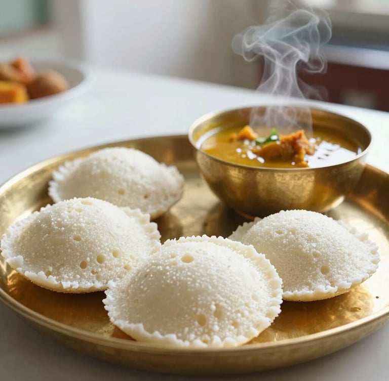 Close-up of traditional South Indian breakfast served on a brass plate, fresh idli and steaming sambar, warm morning light, domestic kitchen setting, shallow depth of field, 35mm lens