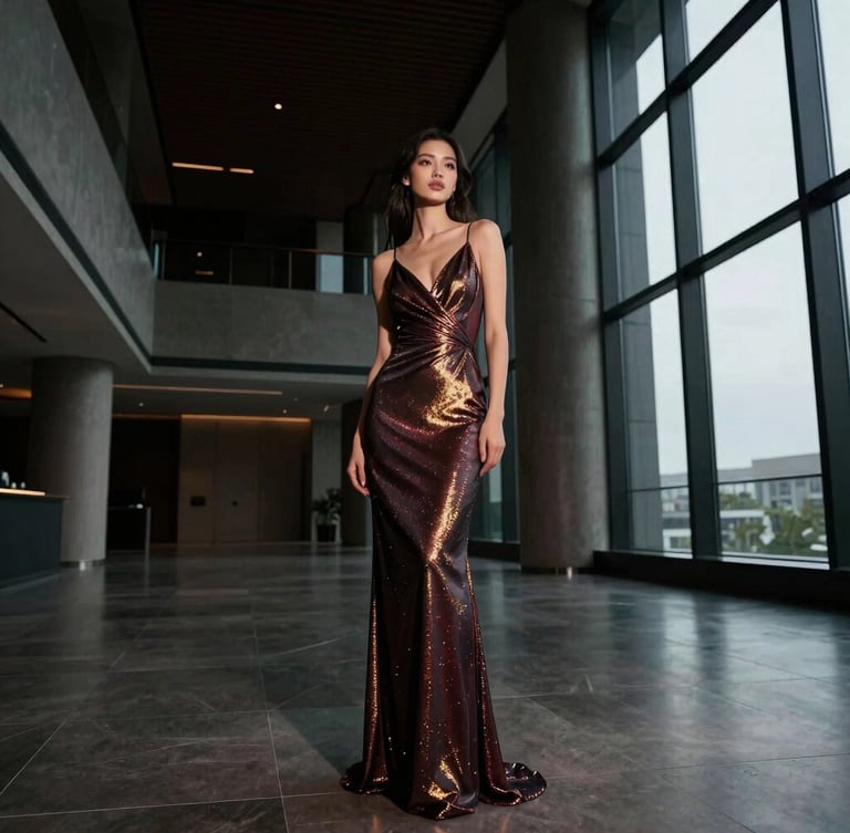 Elegant model in a shimmering evening dress, standing in a modern, high-ceilinged architectural interior, dramatic indoor window light from the right, full-body portrait, rich deep tones with gold accents, wide