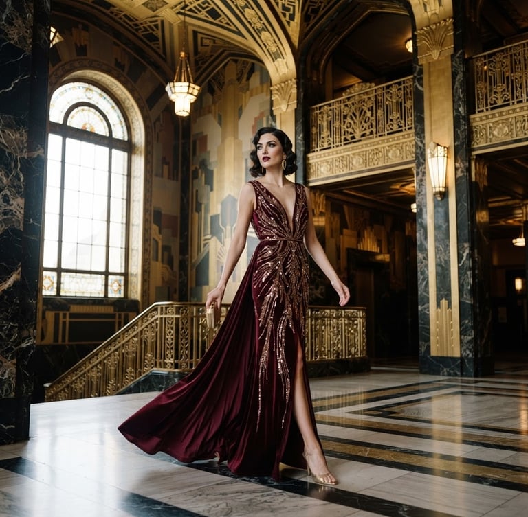 Elegant model in a flowing burgundy evening gown, captured in a luxurious art deco interior setting with dramatic studio lighting, wide shot.