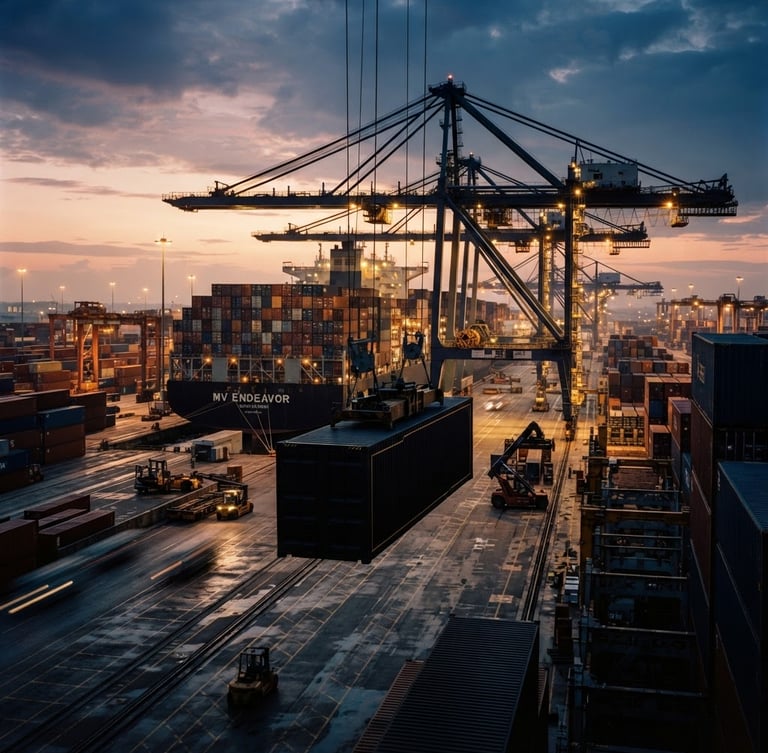 Wide shot of a modern, bustling cargo port at dawn, container ships and cranes, with a focus on a single, sleek container being loaded, high-contrast studio lighting, rich deep tones, gold accents, medium format