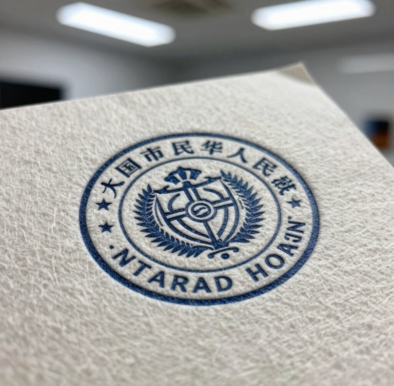 Extreme close-up of heavy, textured cotton paper with a blind-debossed corporate seal, cool overhead office lighting