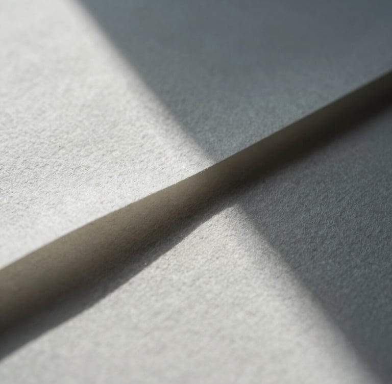Extreme close-up of heavy structured cotton paper with sharp geometric shadows cast across the textured surface, cool daylight, architectural precision.