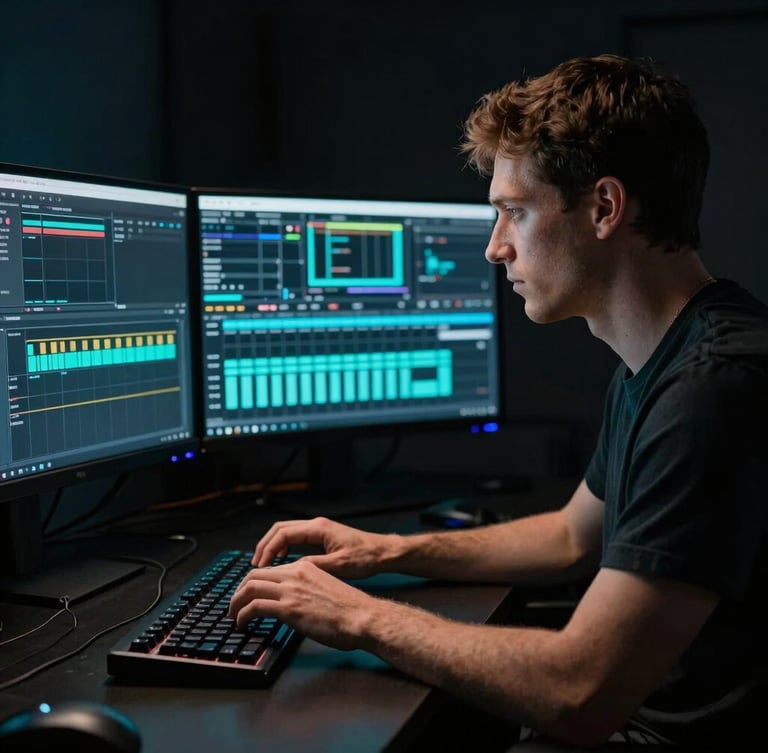 Low-key portrait of a professional editor in a dark studio room, viewed from the side. Soft neon cyan light from a dual-monitor setup illuminates their focused profile and hands poised over a mechanical editing keyboard, dark background.