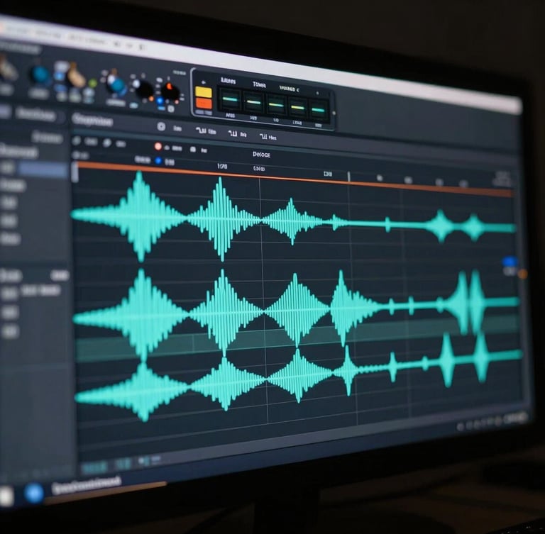 Macro shot of a complex audio editing timeline on a high-resolution glowing screen, waveforms in neon cyan, dark studio background