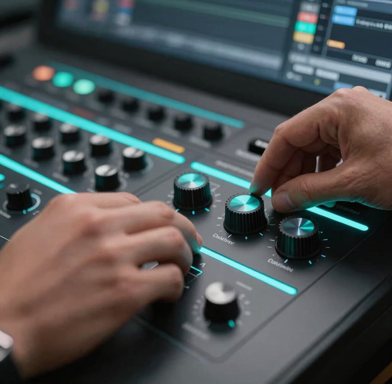 Close-up of professional hands adjusting a DaVinci Resolve color grading console panel, neon cyan ambient light, shallow depth of field, sharp focus on dials