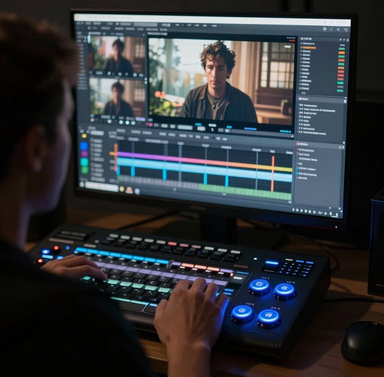 Low-key portrait of a professional colorist from behind, looking at a massive calibrated monitor glowing with a cinematic scene, hands resting on a DaVinci Resolve advanced panel with glowing blue trackballs, dark studio environment.