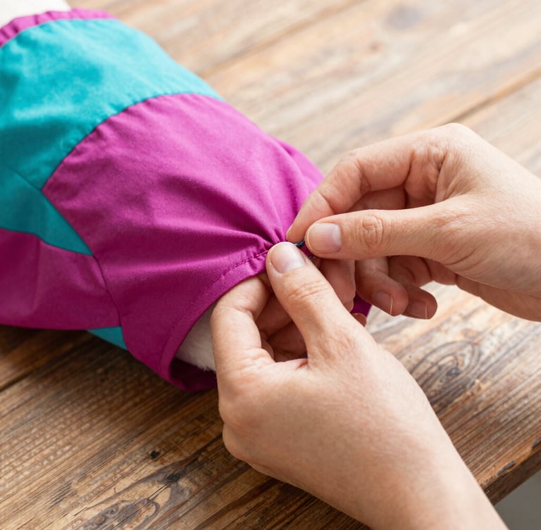Close-up of hands carefully stitching a colorful magenta pet dress on a rustic wooden table, bright natural light, showing fabric textures.