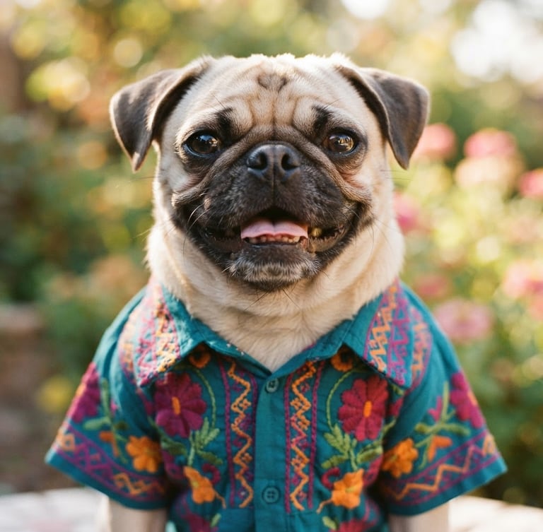 Close-up of a happy pug wearing a custom-tailored colorful teal and magenta Mexican artisanal shirt, looking directly at the camera, warm natural daylight, shallow depth of field