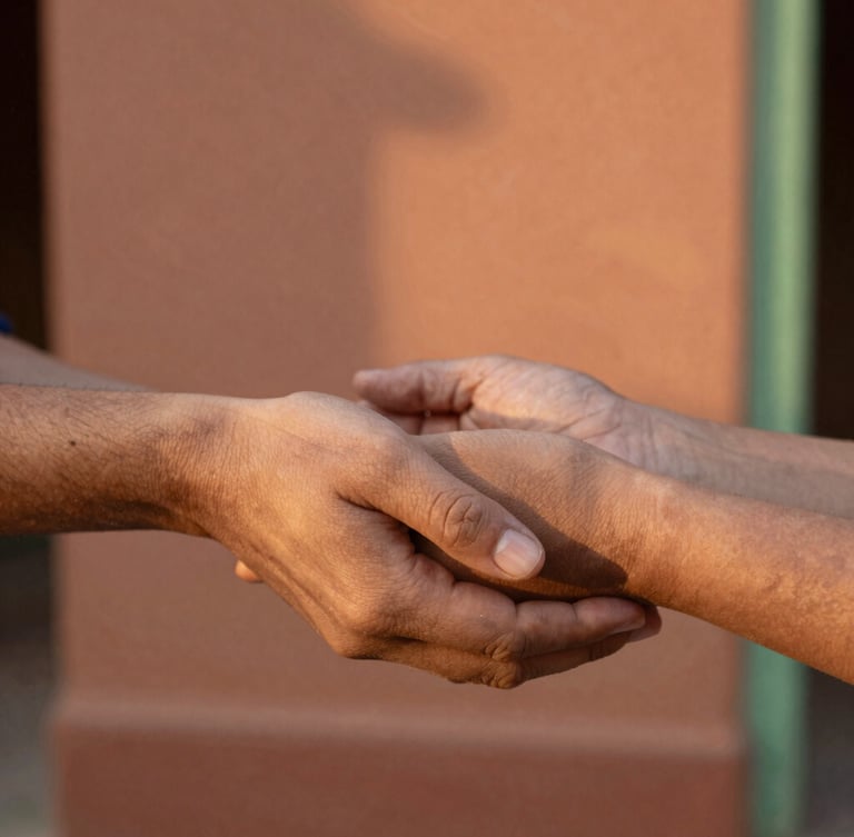 Close-up of hands holding warmly with a background of Jalisco terracotta clay walls, golden-hour natural light, shallow depth of field, authentic 35mm photography.