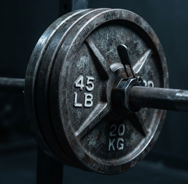 Dramatic athletic photography, close-up of heavy iron plates on a barbell, cool lateral lighting, deep slate grey tones, 35mm lens