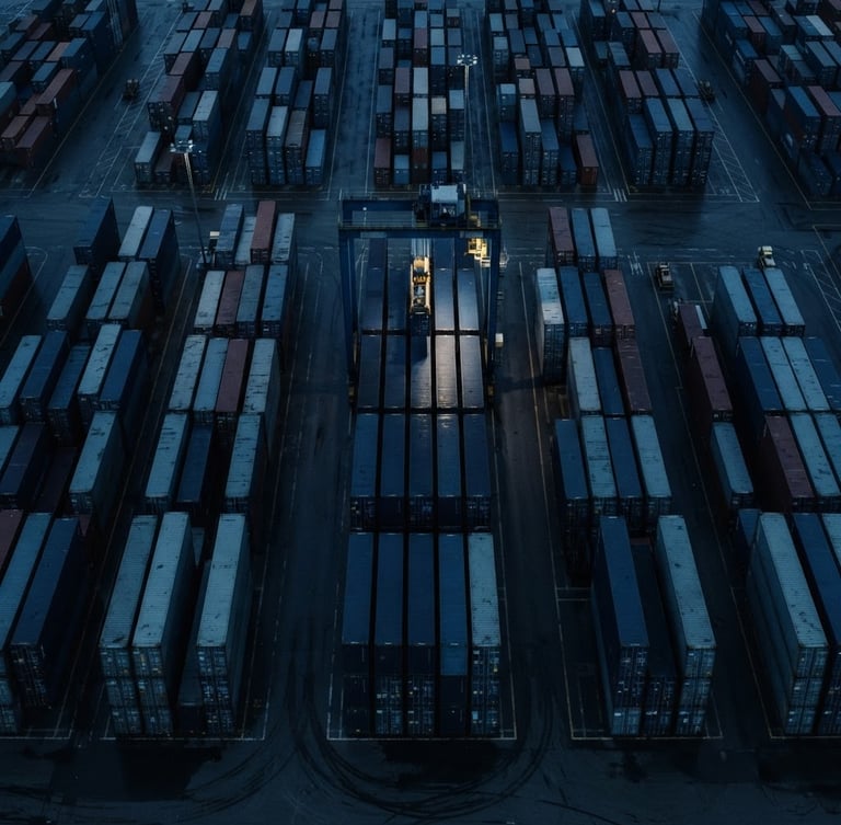 Overhead minimalist view of a highly structured container terminal, cool slate and navy tones, sharp geometric lines, low-key dramatic lighting, 35mm