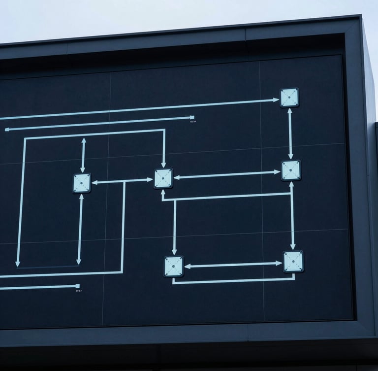 A close-up of a modern industrial telemetry screen showing complex routing vectors, cool blue tone, high-contrast architectural framing