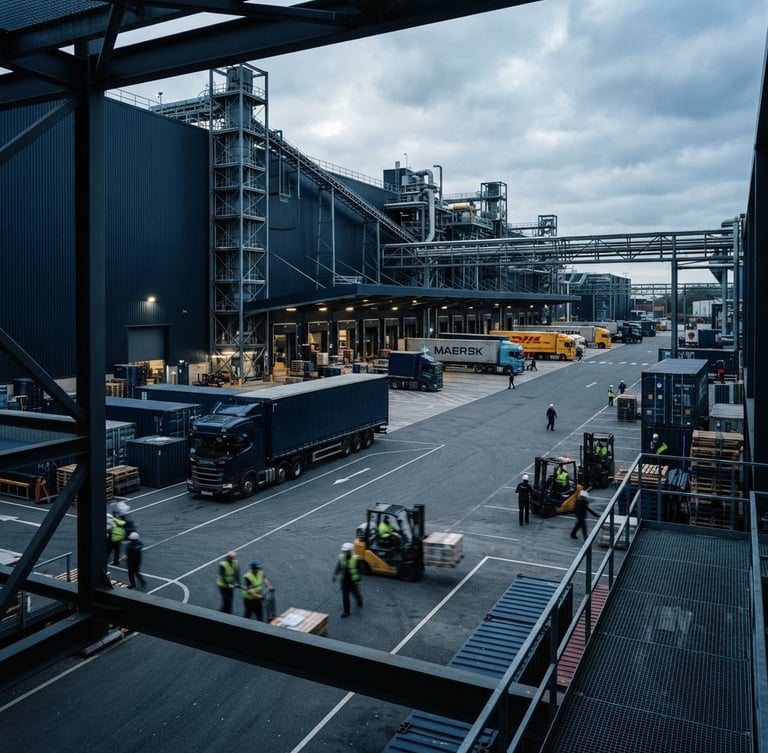 Wide-angle editorial corporate photography of a high-contrast industrial logistics yard under sharp overcast daylight, deep navy tones, architectural framing, 35mm