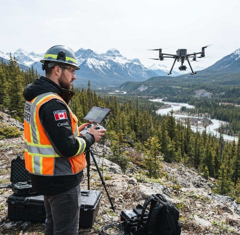A commercial drone pilot in high-visibility safety gear operating a professional surveying RPAS in a wide, bright Canadian landscape under clear daylight.