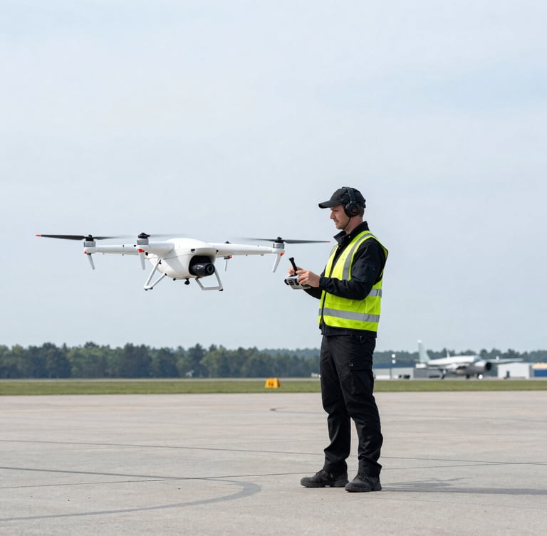 A professional drone pilot in high-visibility safety gear operating a commercial RPAS controller on a bright, overcast Canadian airfield.