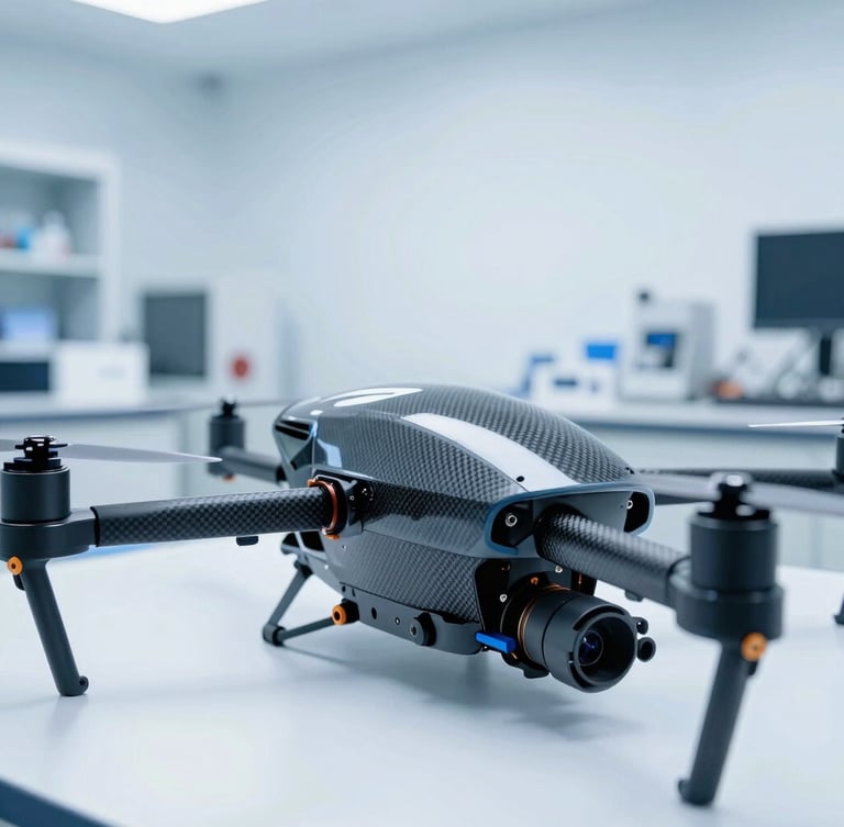 Close-up of high-tech drone components and carbon fiber frame in a clean, brightly lit academic aerospace engineering laboratory.