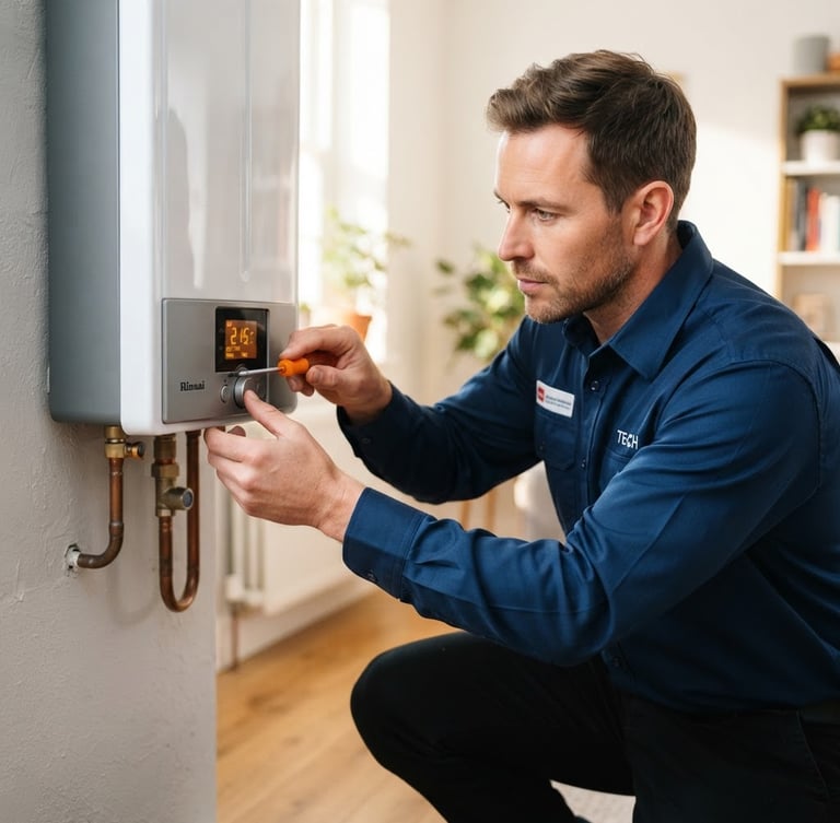 Medium close-up of a professional technician in a clean uniform adjusting a modern wall-mounted digital gas heater, bright natural indoor lighting, warm orange accent highlights.