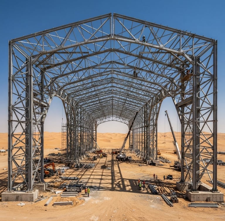 Industrial architectural photography of a massive steel hangar frame under construction in Riyadh, bright harsh desert daylight, high-contrast steel beams against sand dunes in the background, wide-angle lens
