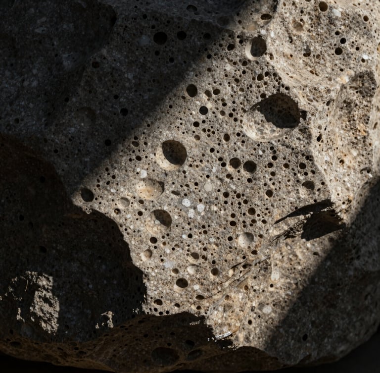 Extreme close-up of porous carved travertine stone texture under a dramatic single-source natural light with deep cinematic shadows.