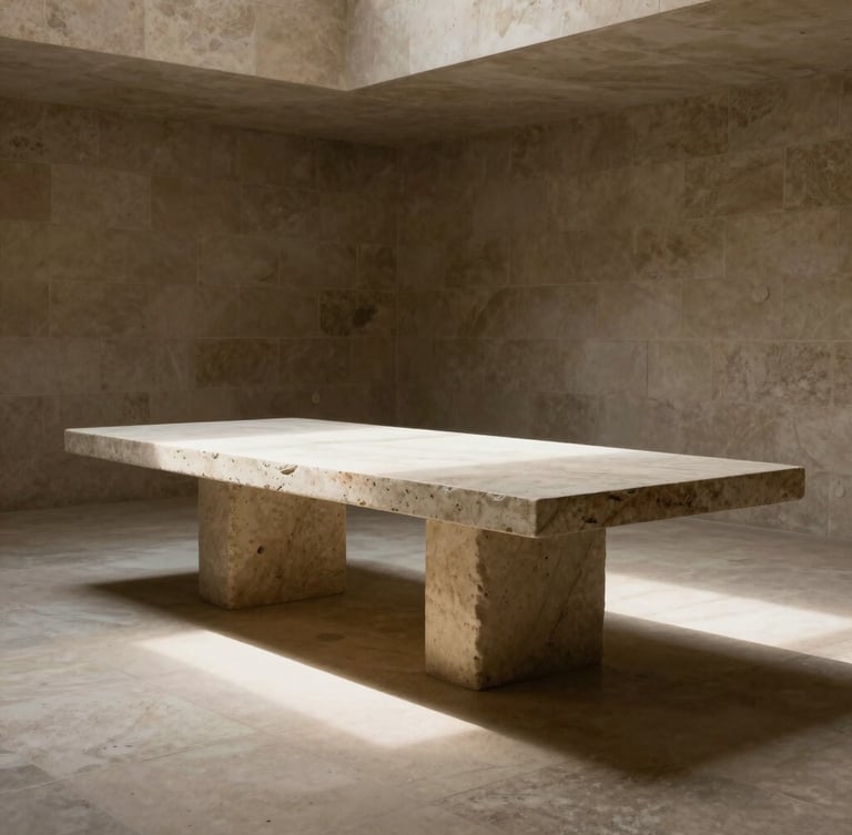 Wide panoramic shot of a monolithic travertine table in an empty, high-ceilinged stone room, single-source natural light cutting through deep shadows.